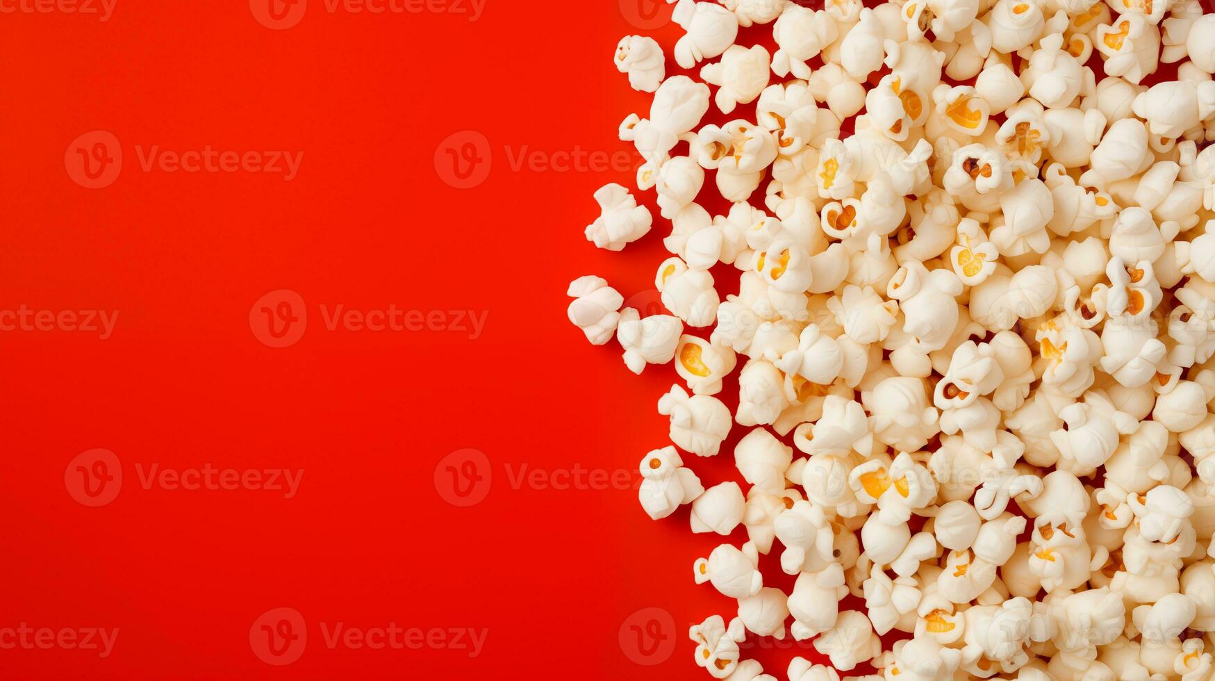 ai generiert Popcorn verstreut auf ein rot Hintergrund. ein klassisch Film Theater Snack. Aussicht von über. foto