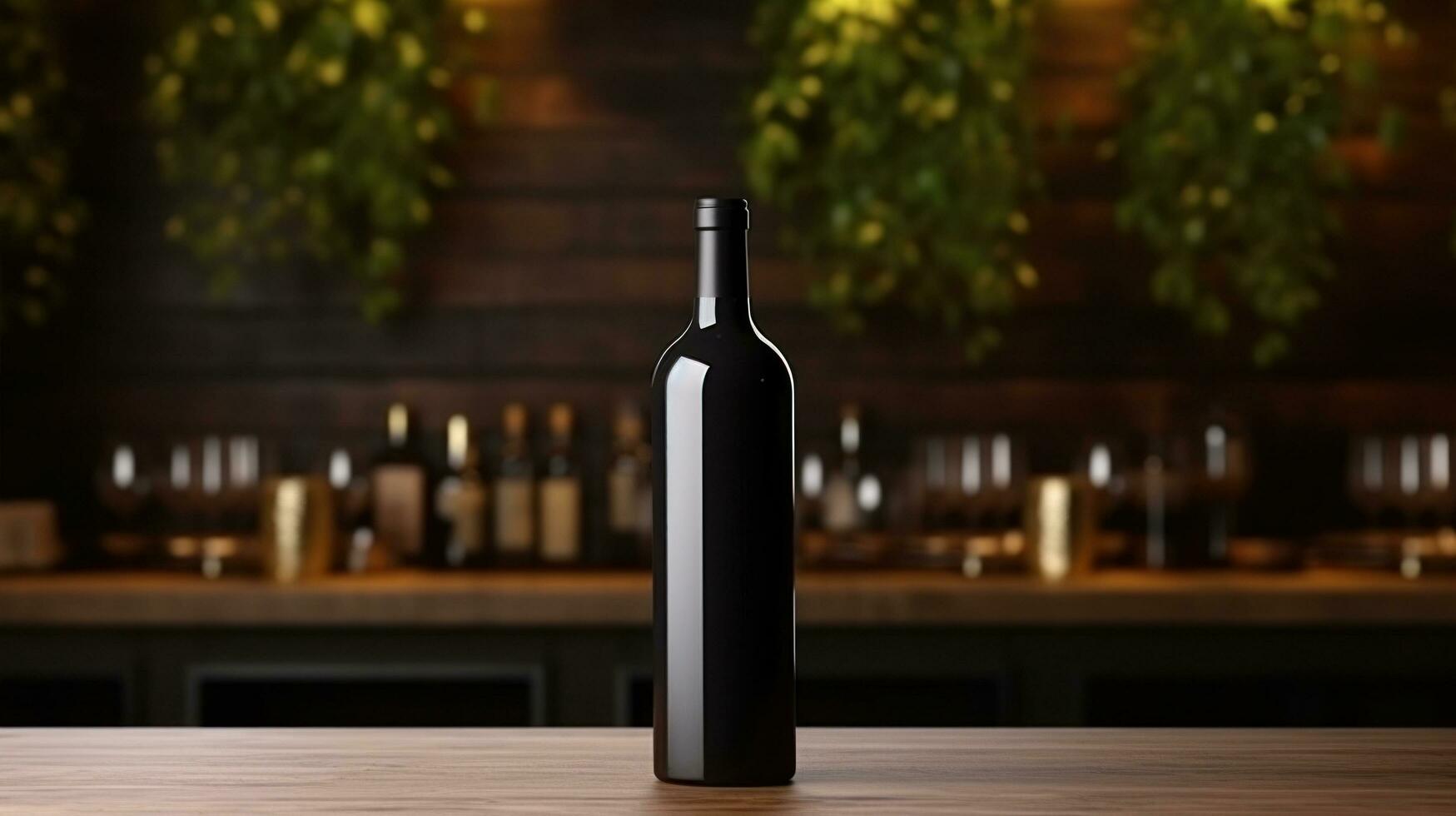 ai generiert Wein Flasche mit leer Vorderseite, realistisch auf ein Attrappe, Lehrmodell, Simulation Vorlage im ein hölzern Tabelle im Restaurant foto