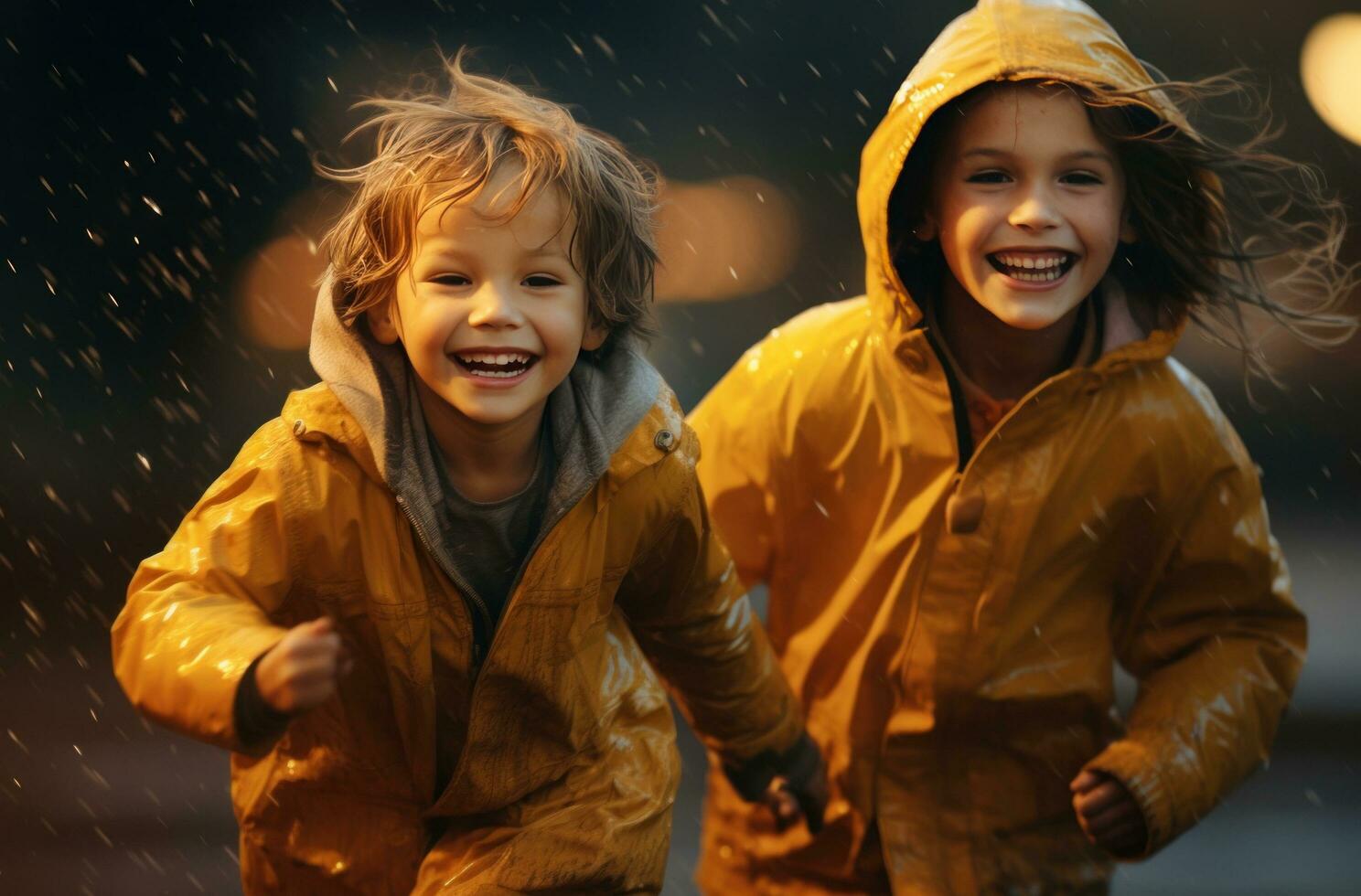 ai generiert zwei Kinder abspielen im das Regen außen, foto