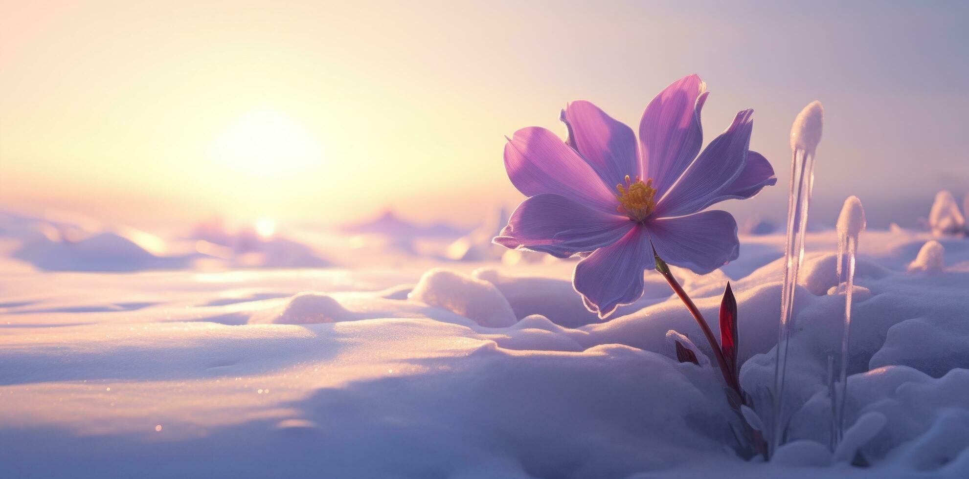 ai generiert das Sonne Balken Nieder auf Schnee und ein lila Blume, foto