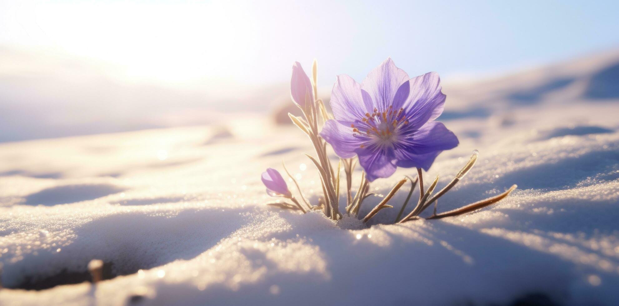 ai generiert das Sonne Balken Nieder auf Schnee und ein lila Blume, foto