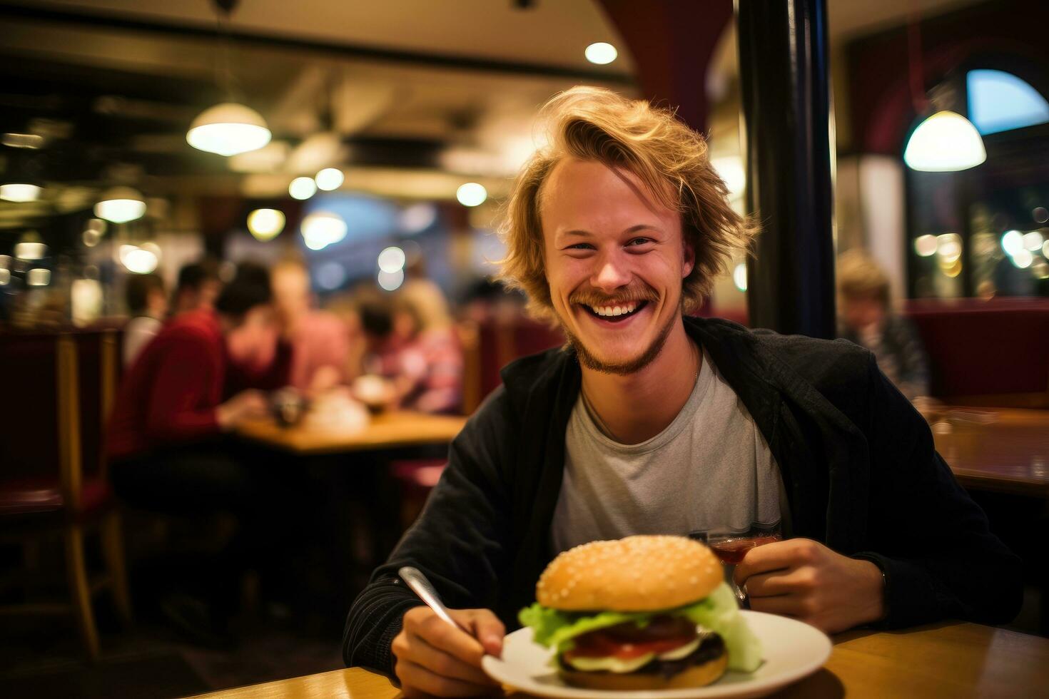 ai generiert gut aussehend jung Mann Essen Hamburger im ein Kneipe oder Restaurant, ein Schwedisch Mann glücklich genießen Hamburger Mahlzeit im Restaurant, ai generiert foto