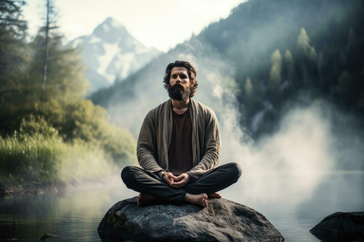 ai generiert Mann meditieren im Lotus Position auf ein Felsen durch das See, ein Mann üben Achtsamkeit und Meditation im ein friedlich natürlich Umfeld, ai generiert foto