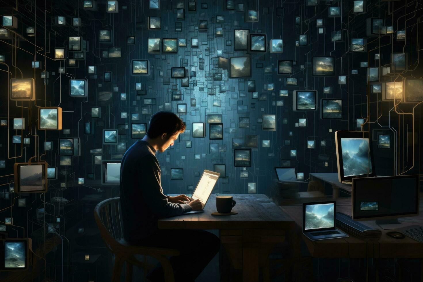 ai generiert Mann im dunkel Büro mit Laptop und Digital Tablette mit binär Code Konzept, ein Mann ist Arbeiten unter viele Bildschirme, ai generiert foto