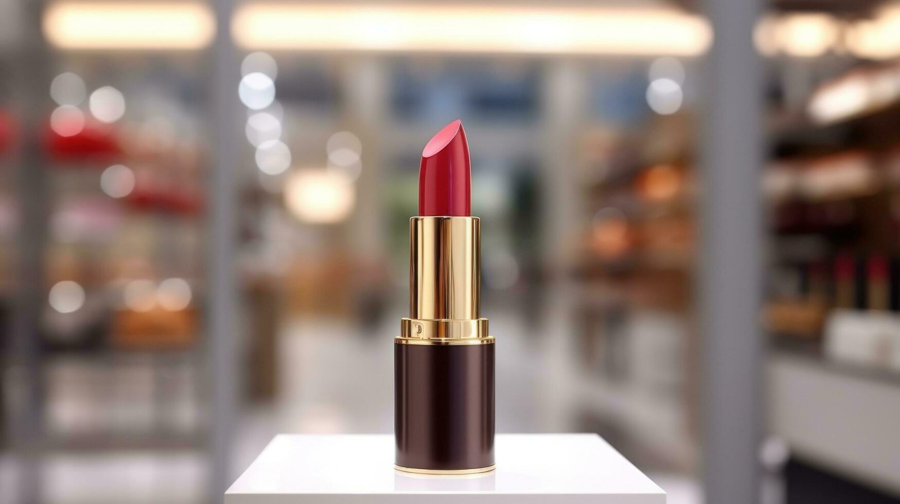 ai generiert Lippenstift mit leer Vorderseite, realistisch auf ein Attrappe, Lehrmodell, Simulation Vorlage im ein Tabelle im ein Luxus Geschäft foto