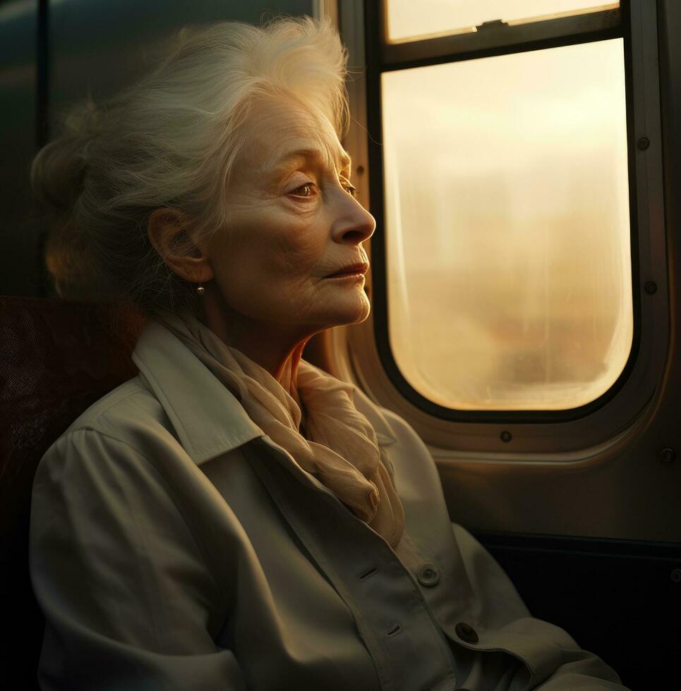 ai generiert Alten Frau auf ein Zug, suchen weg, foto