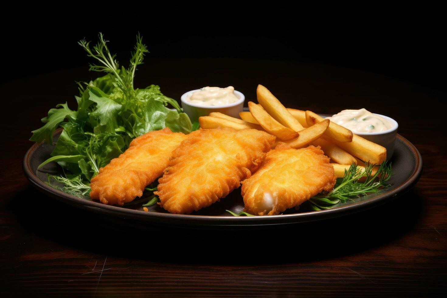 ai generiert Fisch und Chips auf ein schwarz Teller mit Salat und Zahnstein Soße, ein köstlich Teller von zwei golden angeschlagen Fisch Filets serviert, ai generiert foto