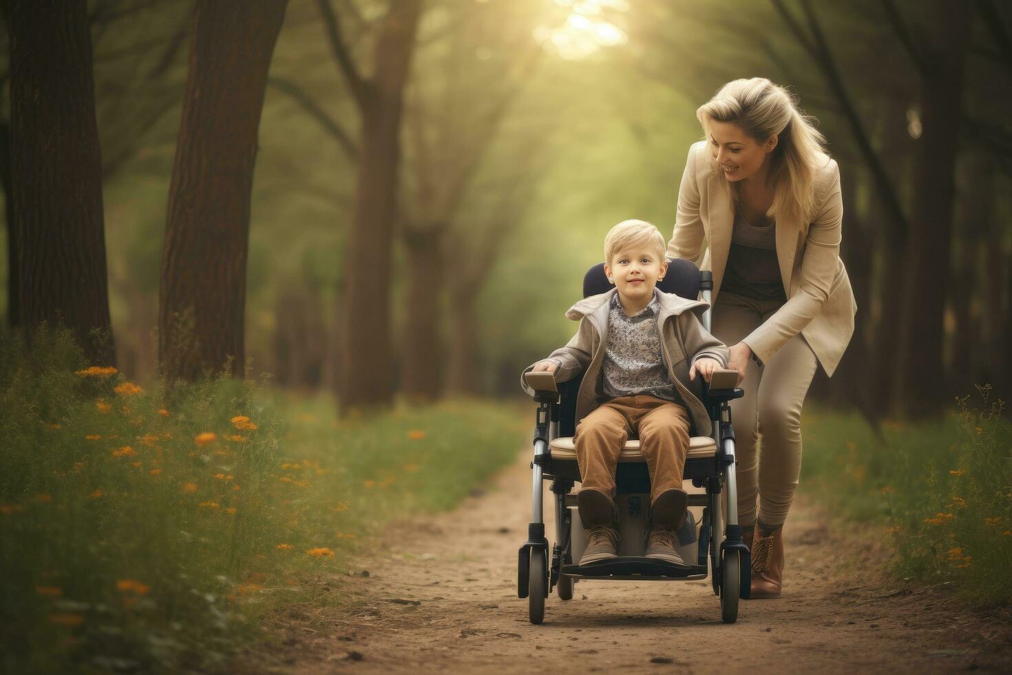 ai generiert jung Mutter Gehen mit ihr Baby im ein Rollstuhl im das Park, ein Mutter mit ein handlungsunfähig Junge im ein Rollstuhl Gehen im Natur, ai generiert foto