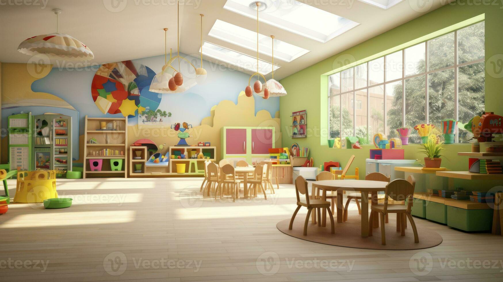 ai generiert wo Phantasie trifft Lernen. das magisch Reich von Kindergarten Zimmer foto