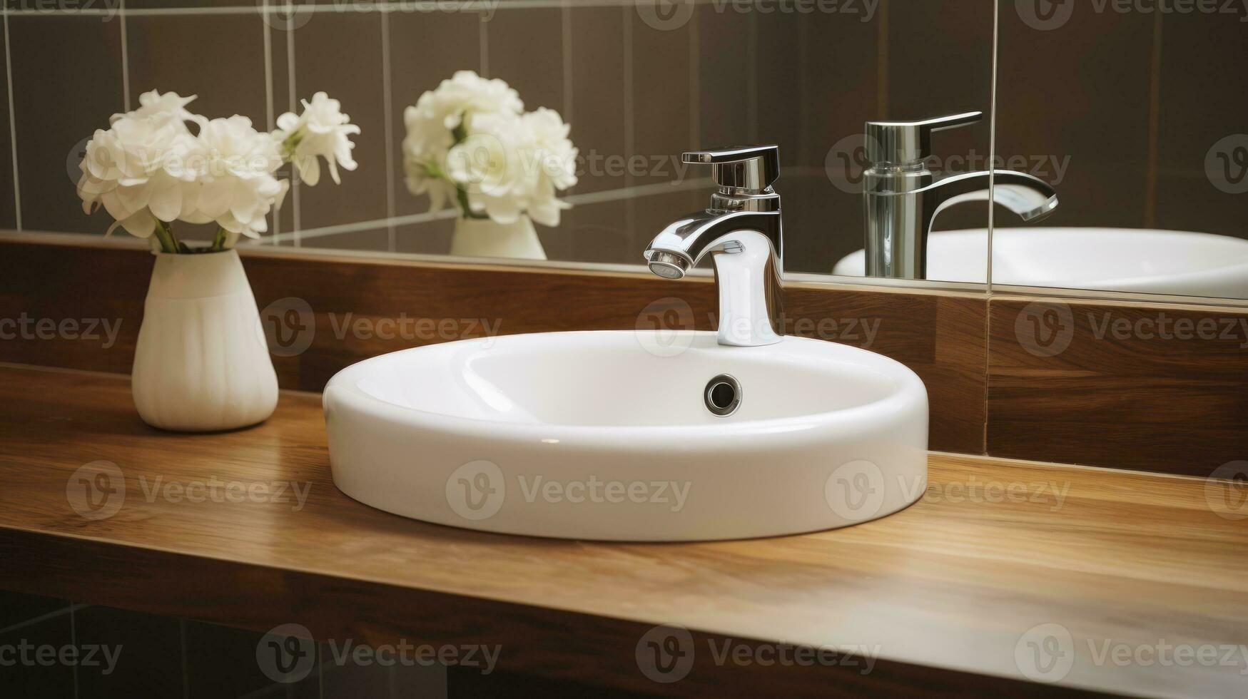 ai generiert ein makellos Weiß Oval sinken mit ein Stahl Wasserhahn, einstellen auf ein hölzern Tabelle im ein Spa Badezimmer foto