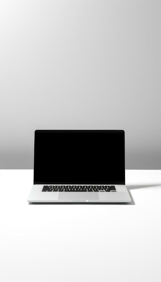ai generiert schwarz Laptop Attrappe, Lehrmodell, Simulation auf Weiß Tabelle Spitze, foto