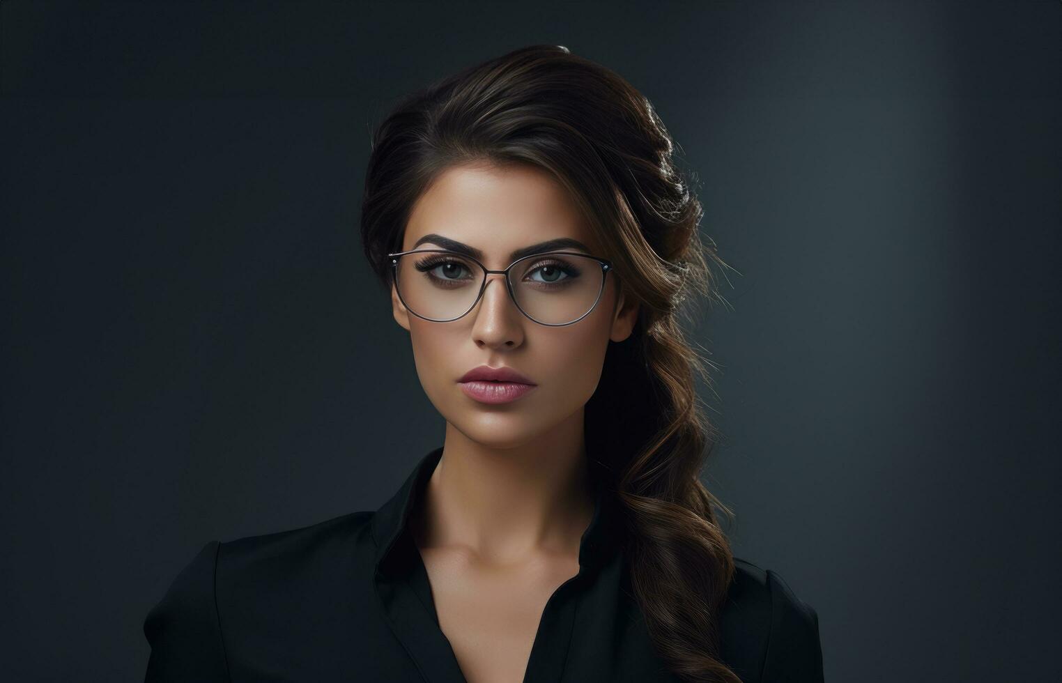 ai generiert Geschäft Frau mit Brille posiert hinter grau Hintergrund, foto