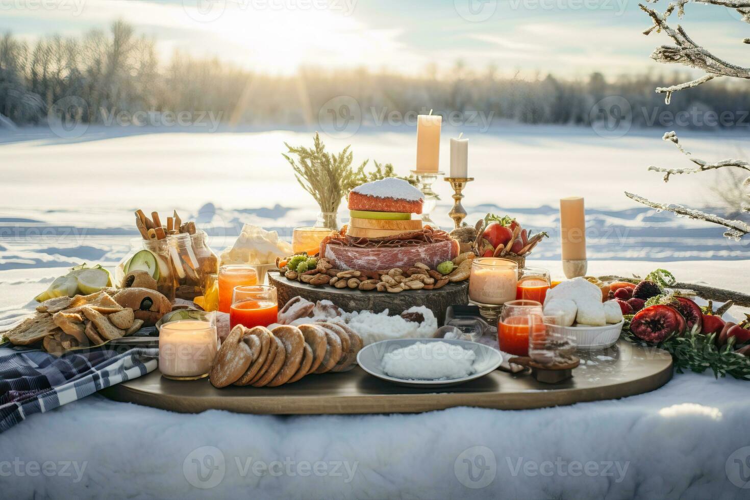 ai generiert Weihnachten Abendessen draußen, mit ein Gourmet Picknick Verbreitung mit Geschirr mögen geräuchert Lachs, Champagner infundiert Salate, und handwerklich brot, festlich Decken foto