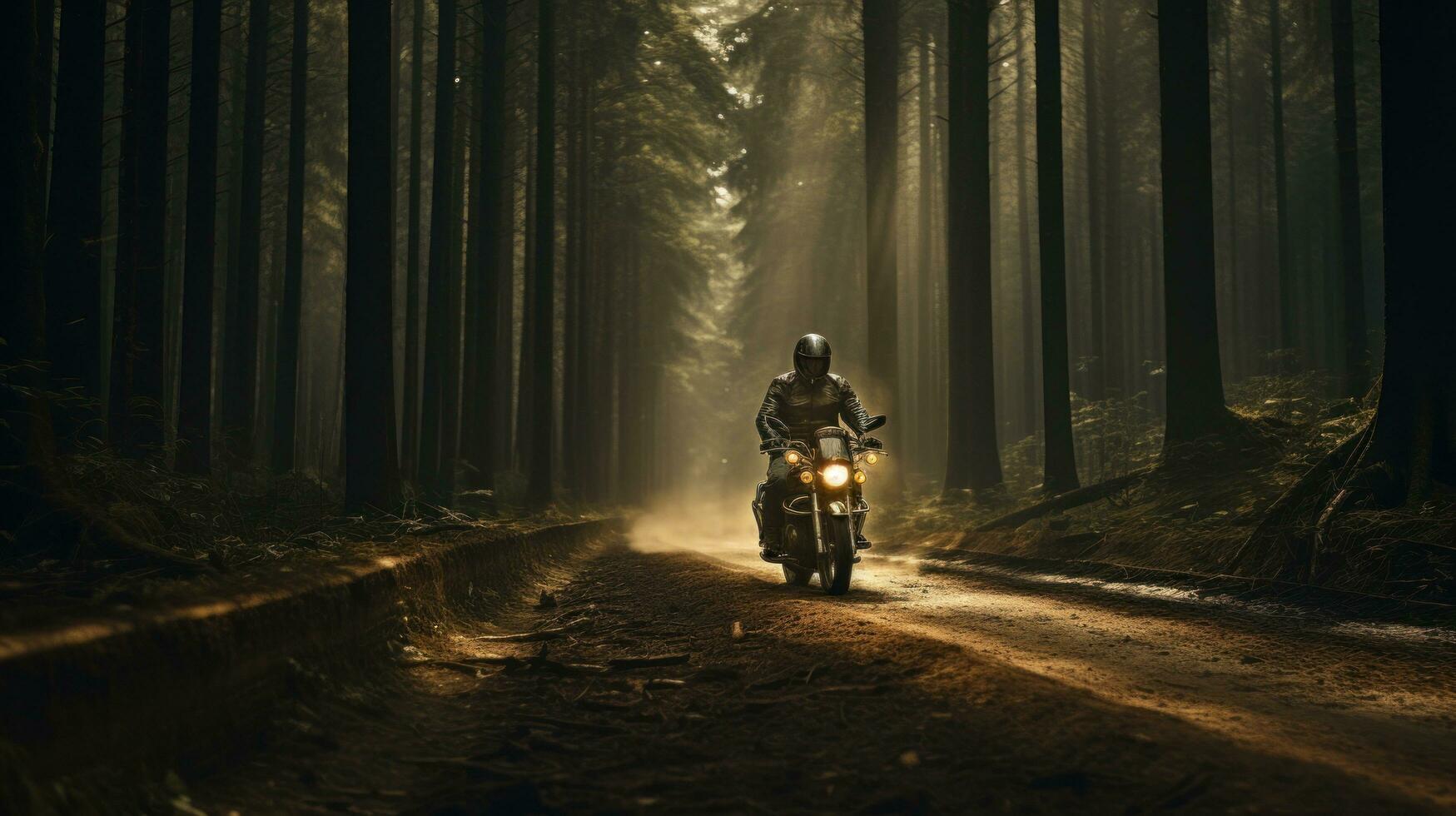 ai generiert ein Mann Reiten ein Motorrad im ein leeren Wald, foto