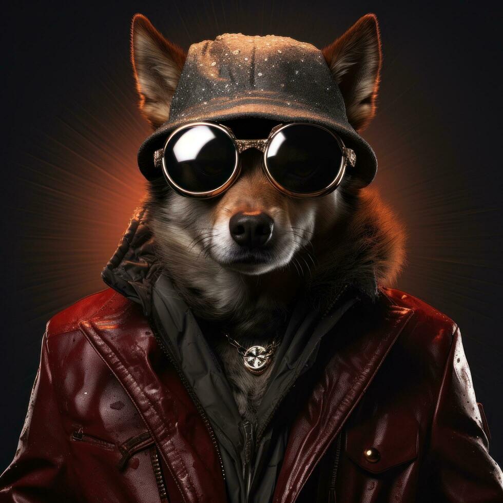 ai generiert ein Hund gekleidet mögen ein Mann tragen Jacke, Sonnenbrille und Hut, foto