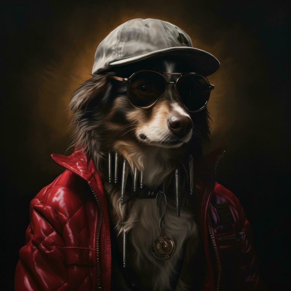 ai generiert ein Hund gekleidet mögen ein Mann tragen Jacke, Sonnenbrille und Hut, foto