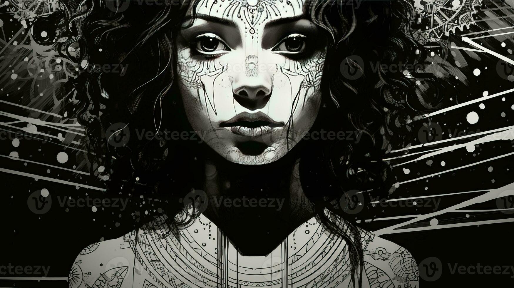 ai generiert Frau Gesicht im ein schwarz und Weiß Ausführung. abstrakt geometrisch Design foto