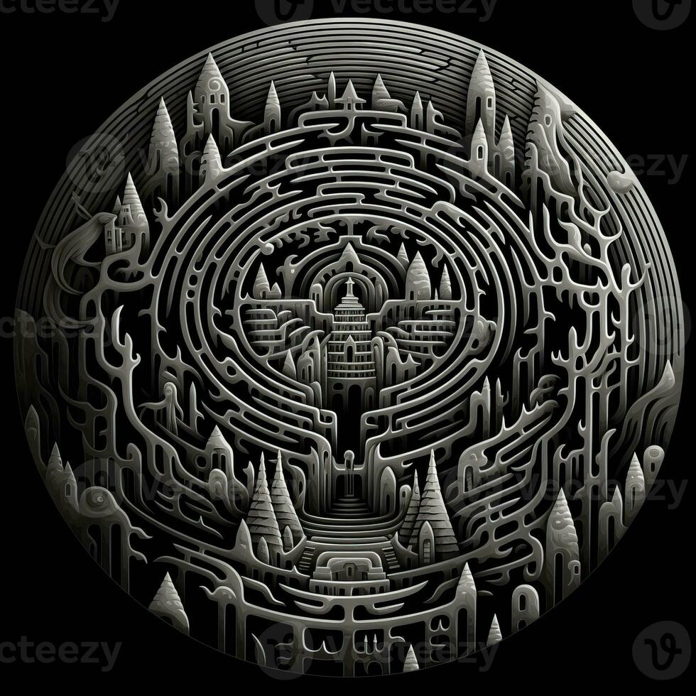 ai generiert schwarz und Weiß Grunge geometrisch Stammes- Labyrinth. surreal Stil. foto