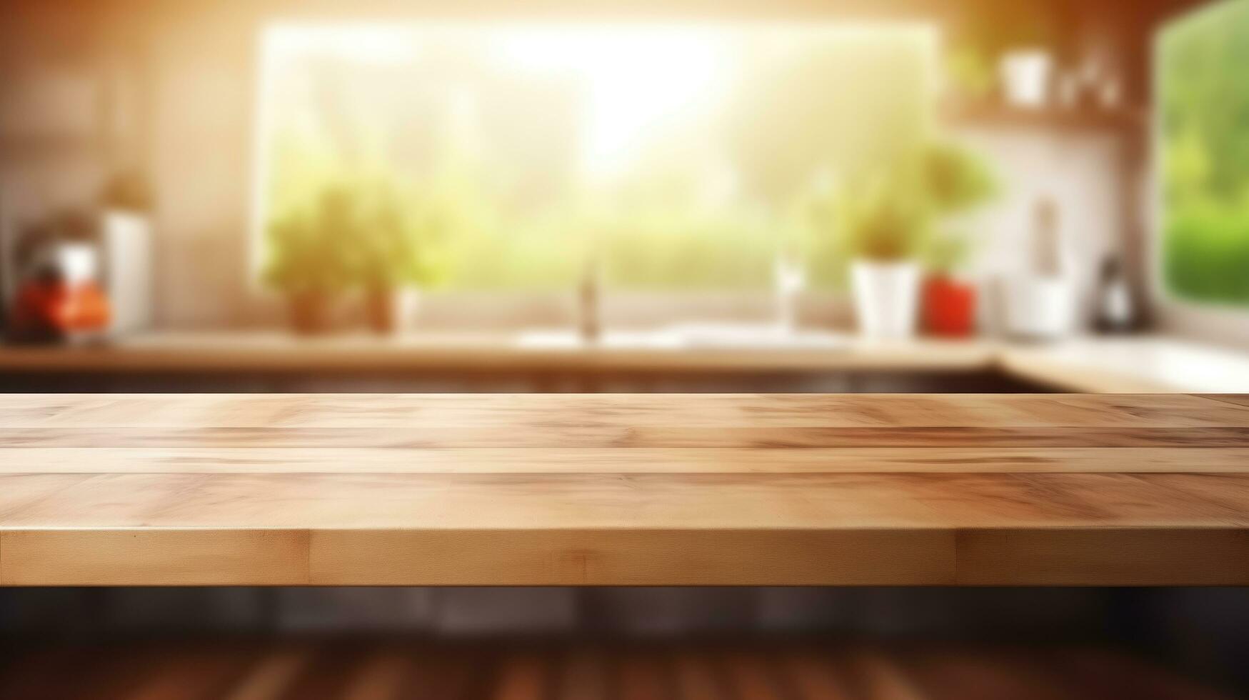 ai generiert leeren hölzern Tabelle im Küche zum Produkt Anzeige, verschwommen Hintergrund foto