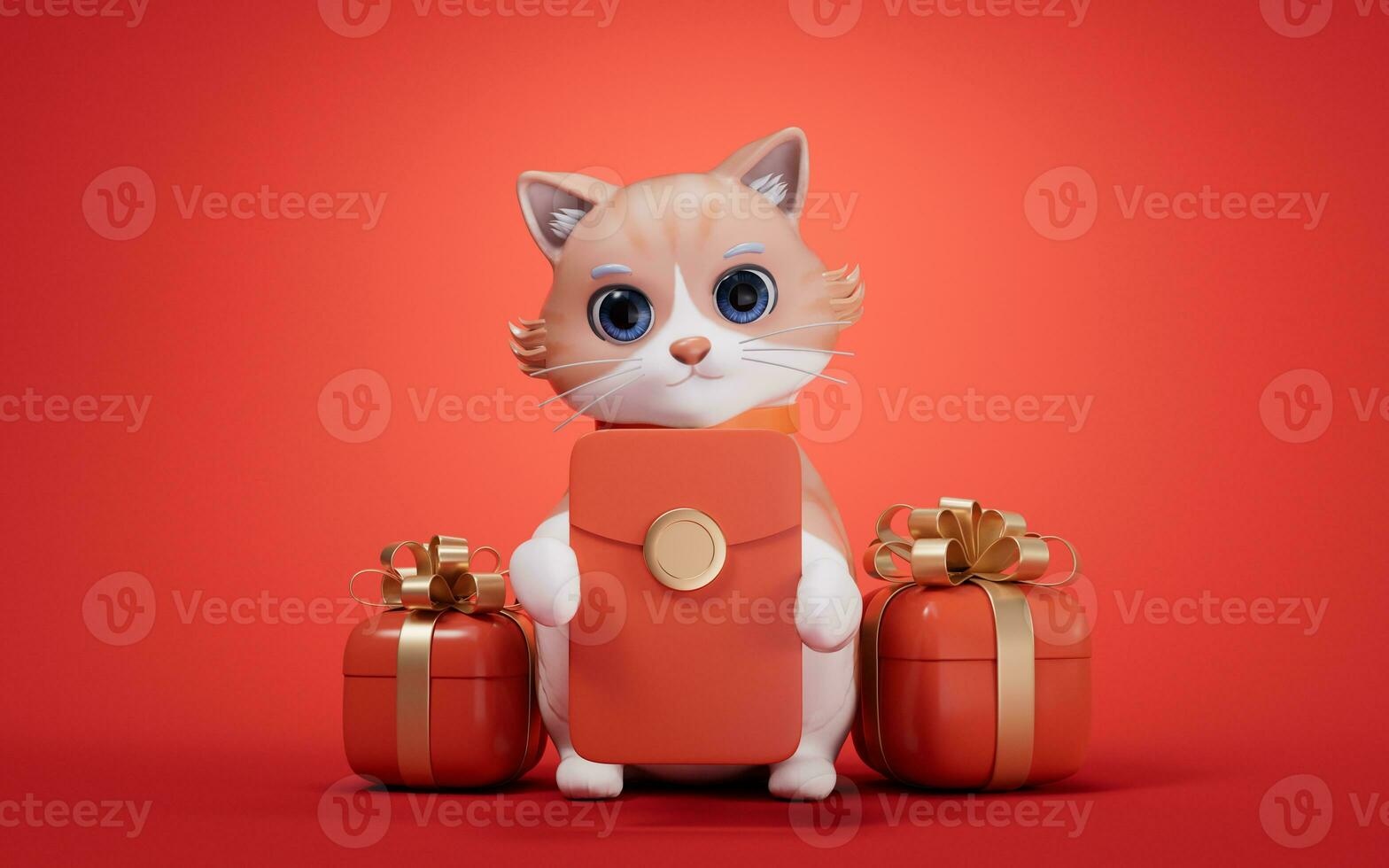 3d Karikatur Stil süß Katze und Chinesisch Glücklich rot Paket, 3d Wiedergabe. foto