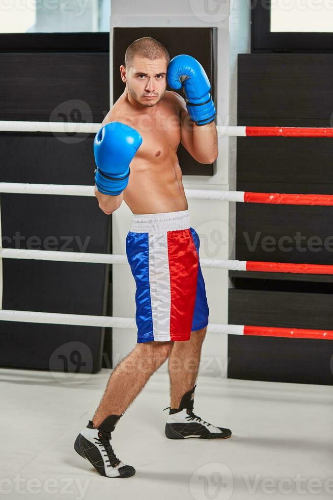 Boxer im Blau Handschuhe Erwärmen oben im das Ring foto