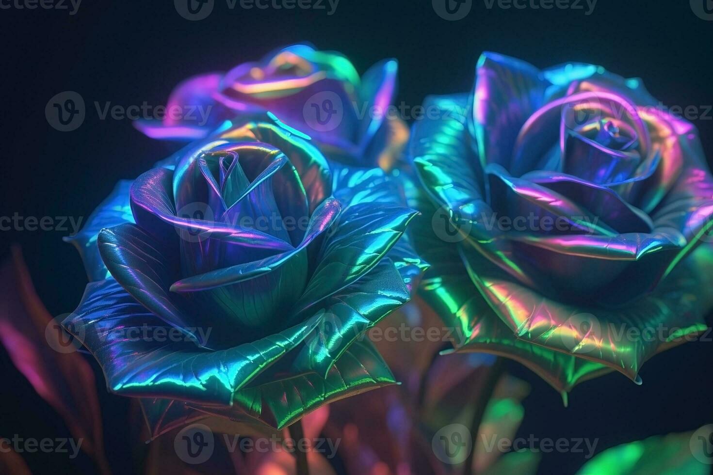 ai generiert Perle holografisch Rosen dunkel launisch romantisch Hintergrund. Nahansicht Blumen- Banner. ai generiert foto