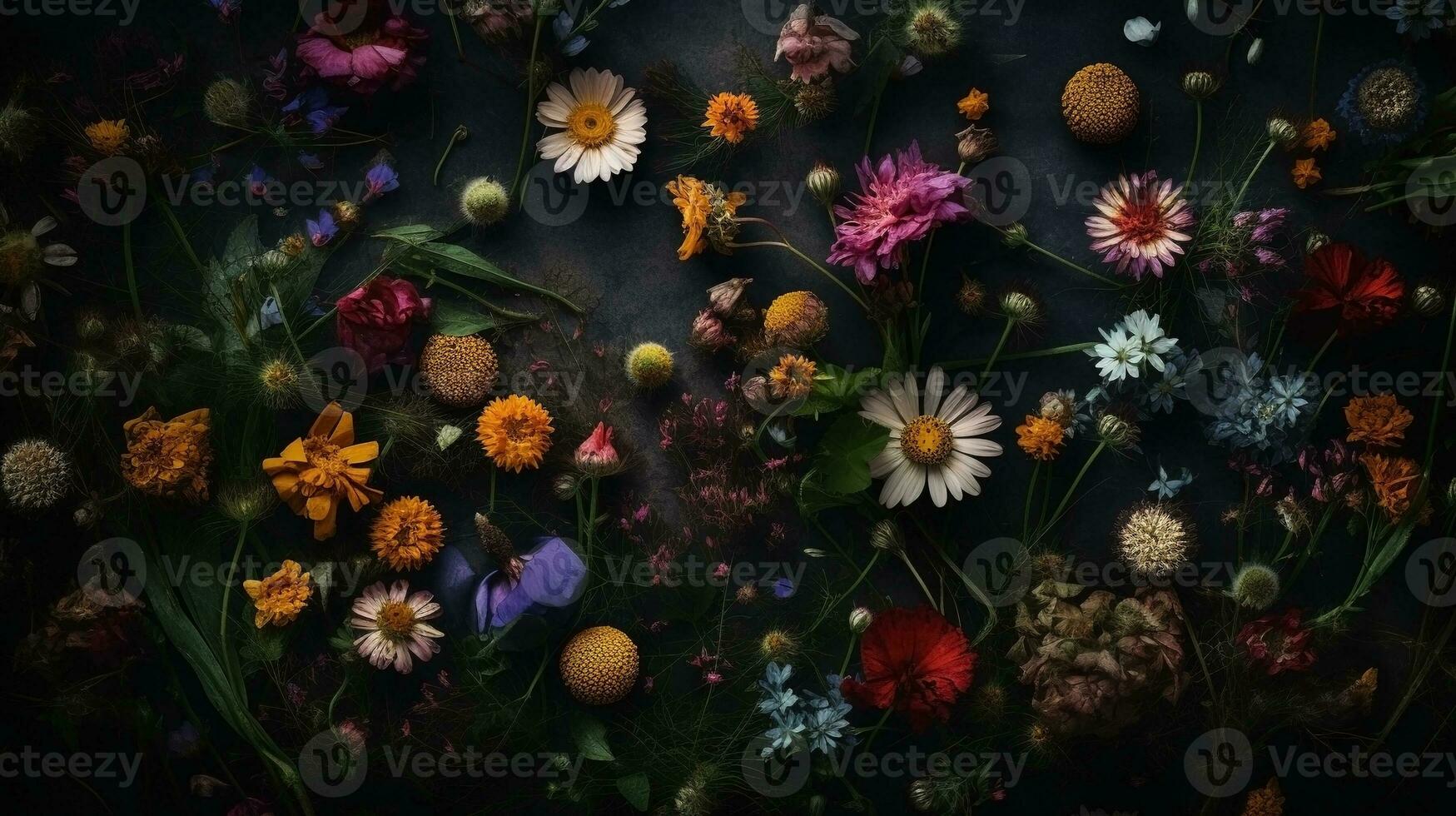 ai generiert Wildblumen dunkel launisch romantisch Hintergrund. Nahansicht Blumen- Banner. ai generiert foto