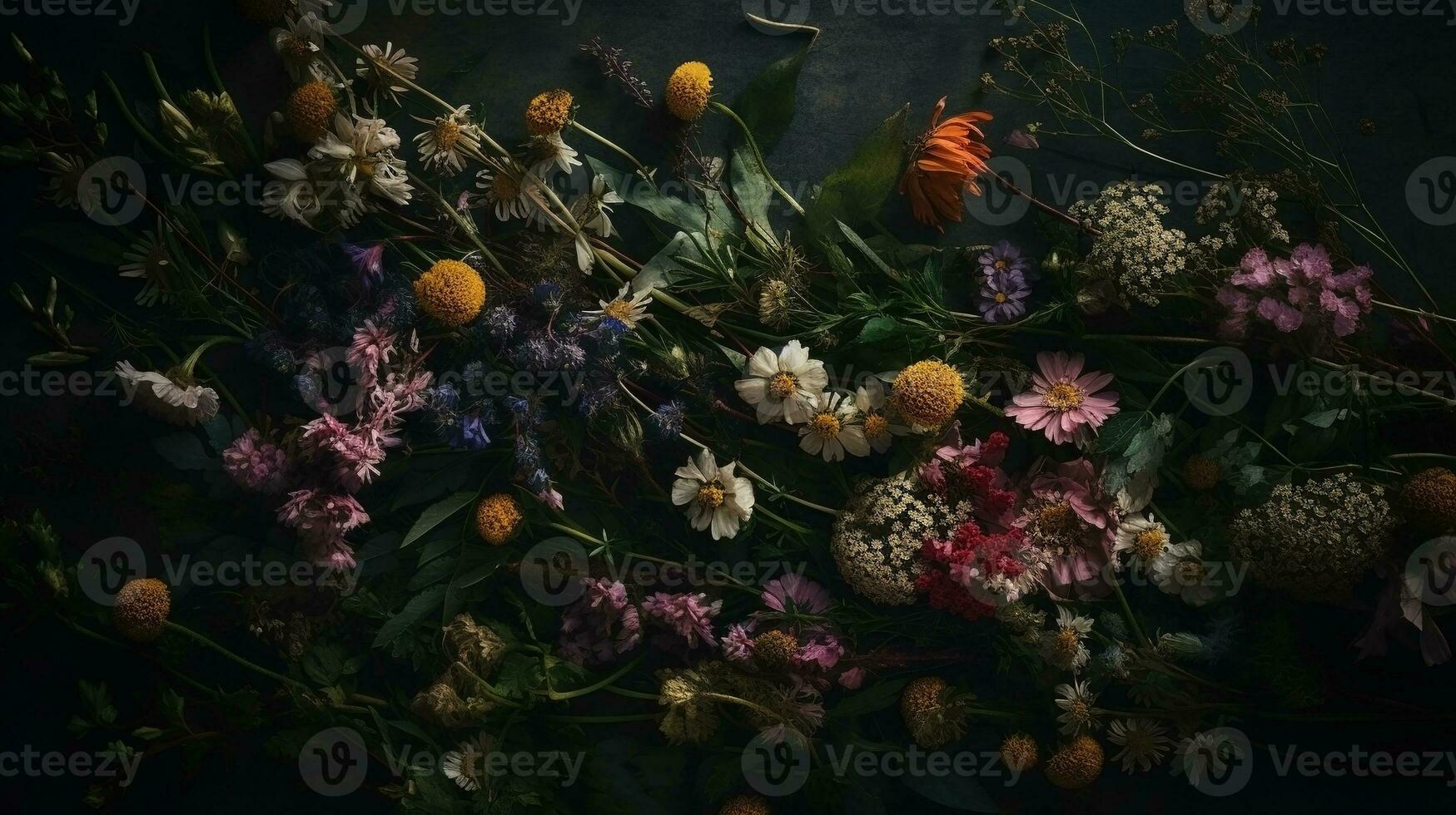 ai generiert Wildblumen dunkel launisch romantisch Hintergrund. Nahansicht Blumen- Banner. ai generiert foto
