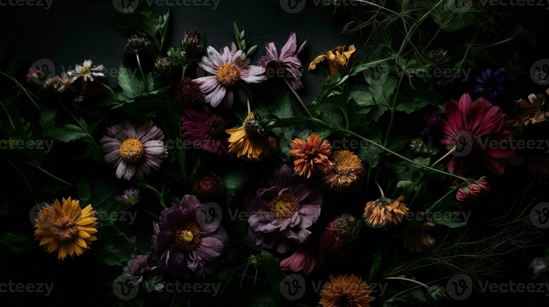 ai generiert Wildblumen Nahansicht dunkel romantisch Hintergrund. Blumen Hintergrund. ai generiert foto