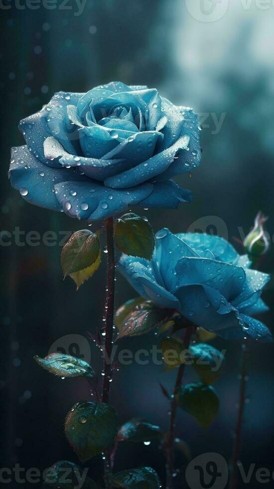 ai generiert Blühen Blau Rosen mit Tropfen von Wasser Nahansicht Hintergrund. Blumen- Hintergrund. ai generiert foto