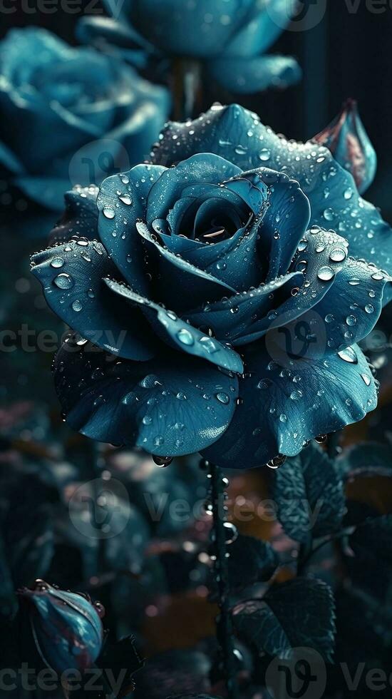 ai generiert Blühen Blau Rosen mit Tropfen von Wasser Nahansicht Hintergrund. Sommer- Hintergrund. ai generiert foto
