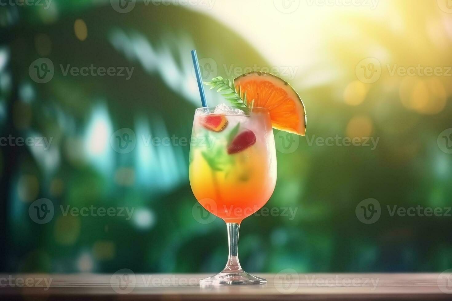 ai generiert frisch Saft Cocktail auf das Tabelle gegen Strand Hintergrund foto