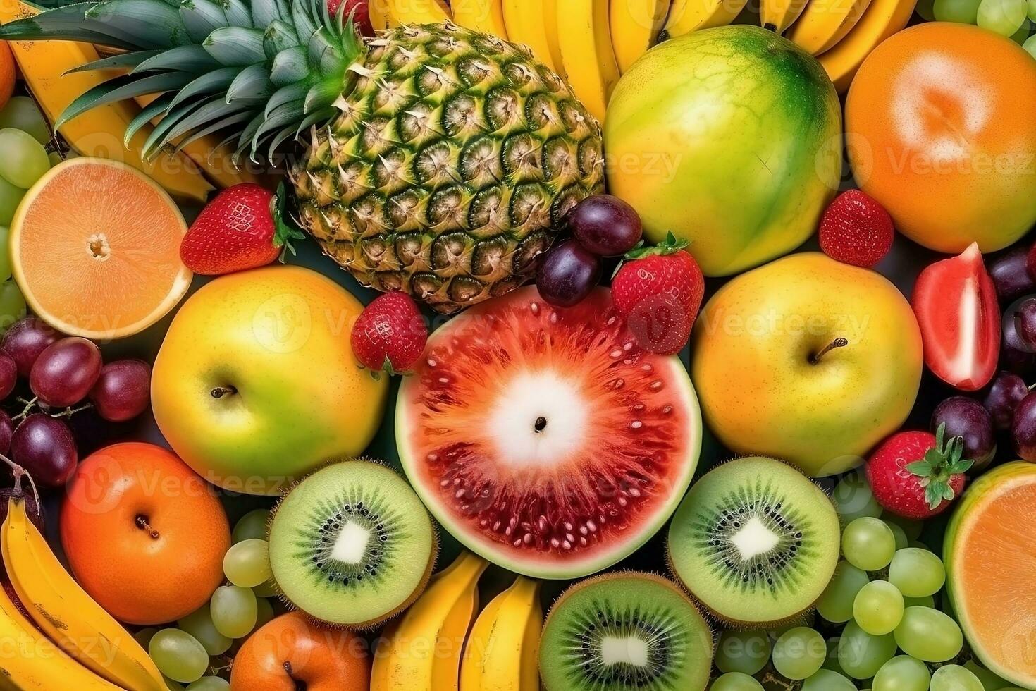 ai generiert frisch tropisch Früchte wie Hintergrund. oben Aussicht von natürlich Früchte, voll Bildschirm Bild foto