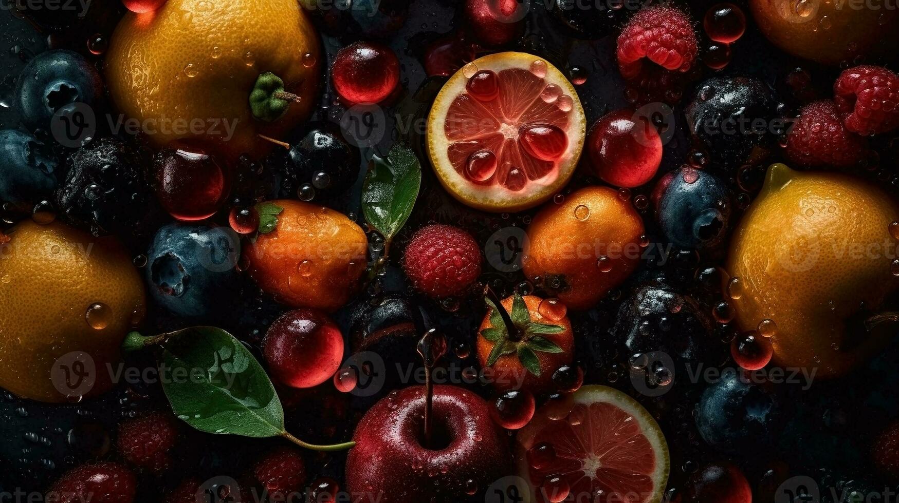 ai generiert Nahansicht von frisch Früchte mit Wasser Tropfen auf dunkel Hintergrund. gesund Essen Konzept foto