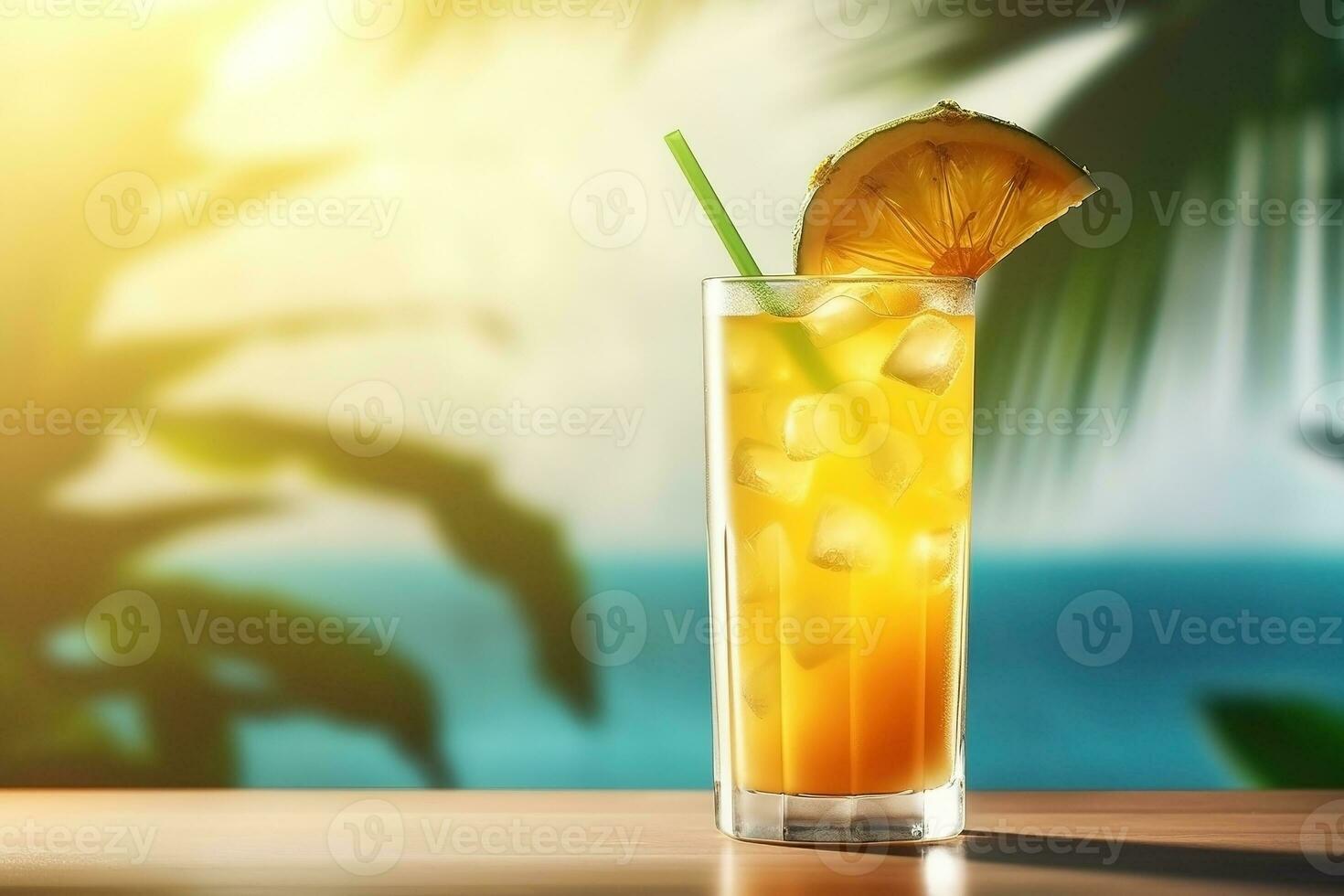 ai generiert frisch Saft Cocktail auf das Tabelle gegen Strand Hintergrund foto