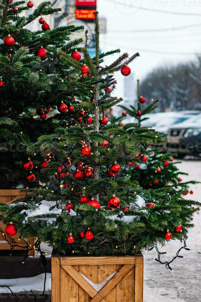 Weihnachten Straße Dekor. festlich Bäume mit Weihnachten rot Bälle. foto