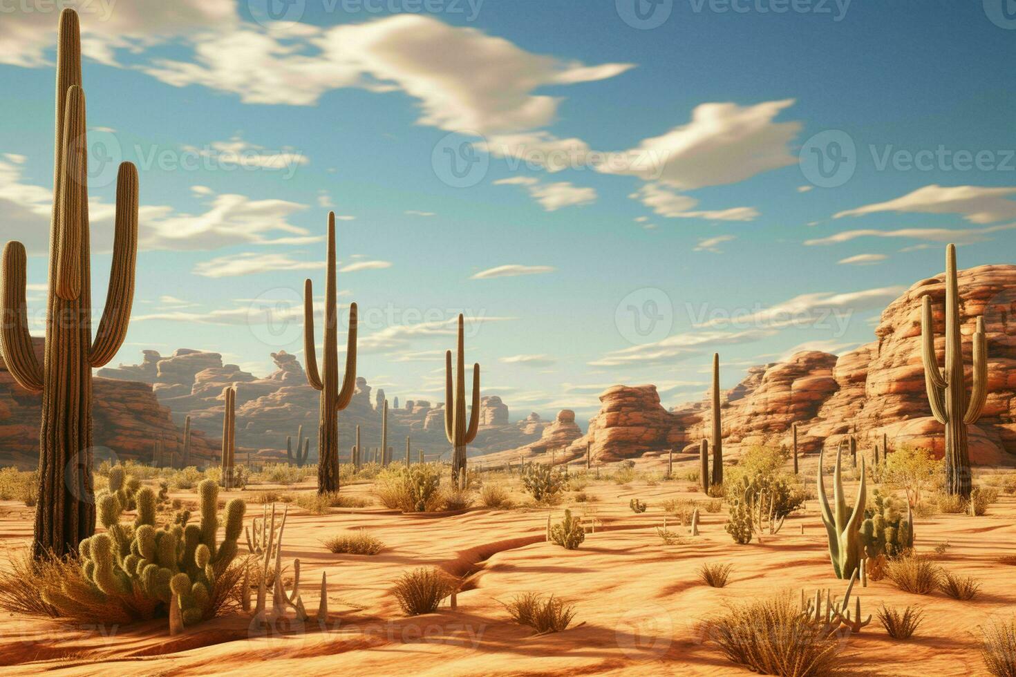 ai generiert ein surreal Wüste Landschaft mit Saguaro Kakteen foto