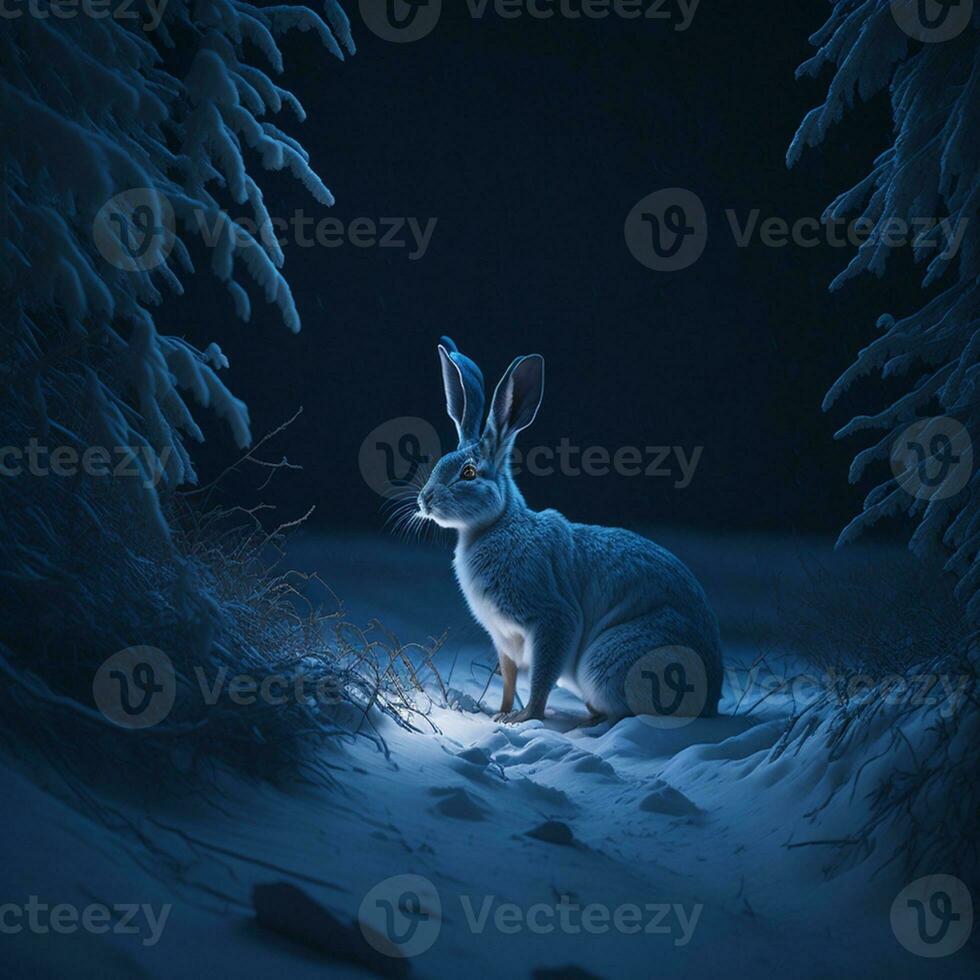 ai generiert Hase im das Nacht Winter Wald foto