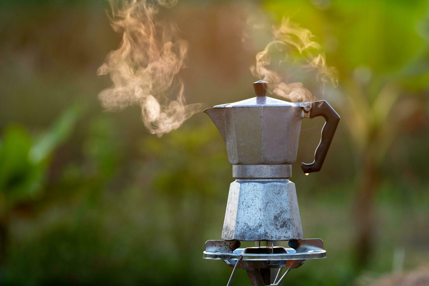 Moka Topf und Rauch, Dampf von das Kaffee Topf auf Feuer, im das Wald beim Sonnenaufgang im das Morgen. Sanft Fokus. flach Fokus Wirkung. foto