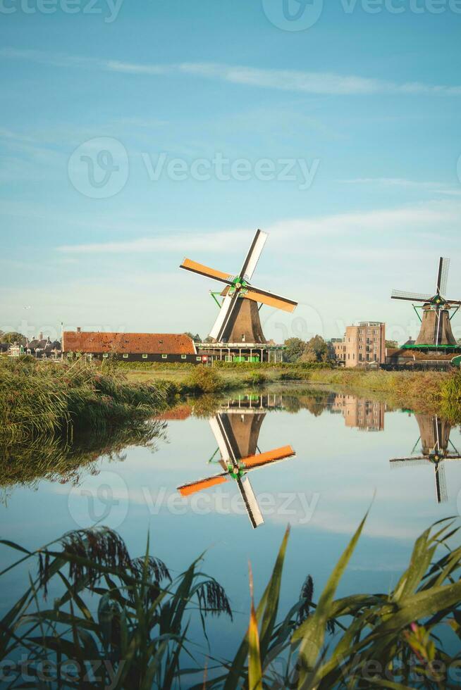 Beliebt Tourist Stelle zaanse schans ist in der Nähe von Amsterdam im das Westen von das Niederlande. historisch, realistisch Windmühlen während Sonnenaufgang. Hollands Wahrzeichen foto