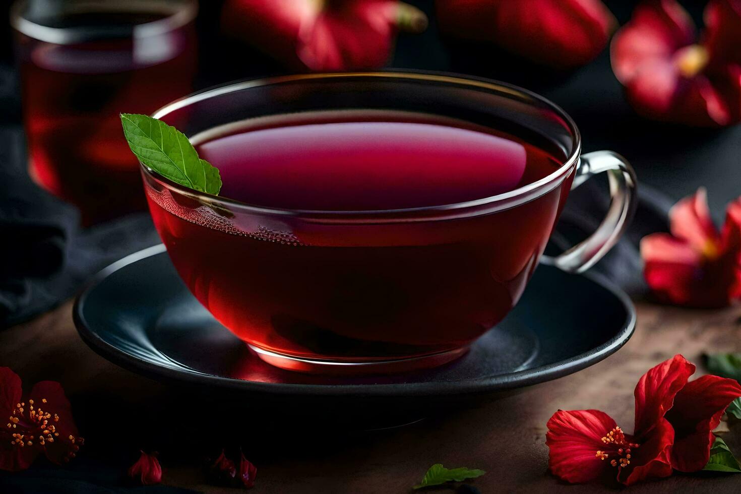 ai generiert rot Tee im ein Tasse auf ein dunkel Hintergrund foto