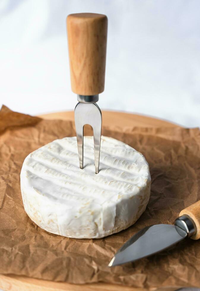 Camembert Käse, Messer und Gabel zum Käse auf Kunst Papier. Nahansicht. selektiv Fokus. foto