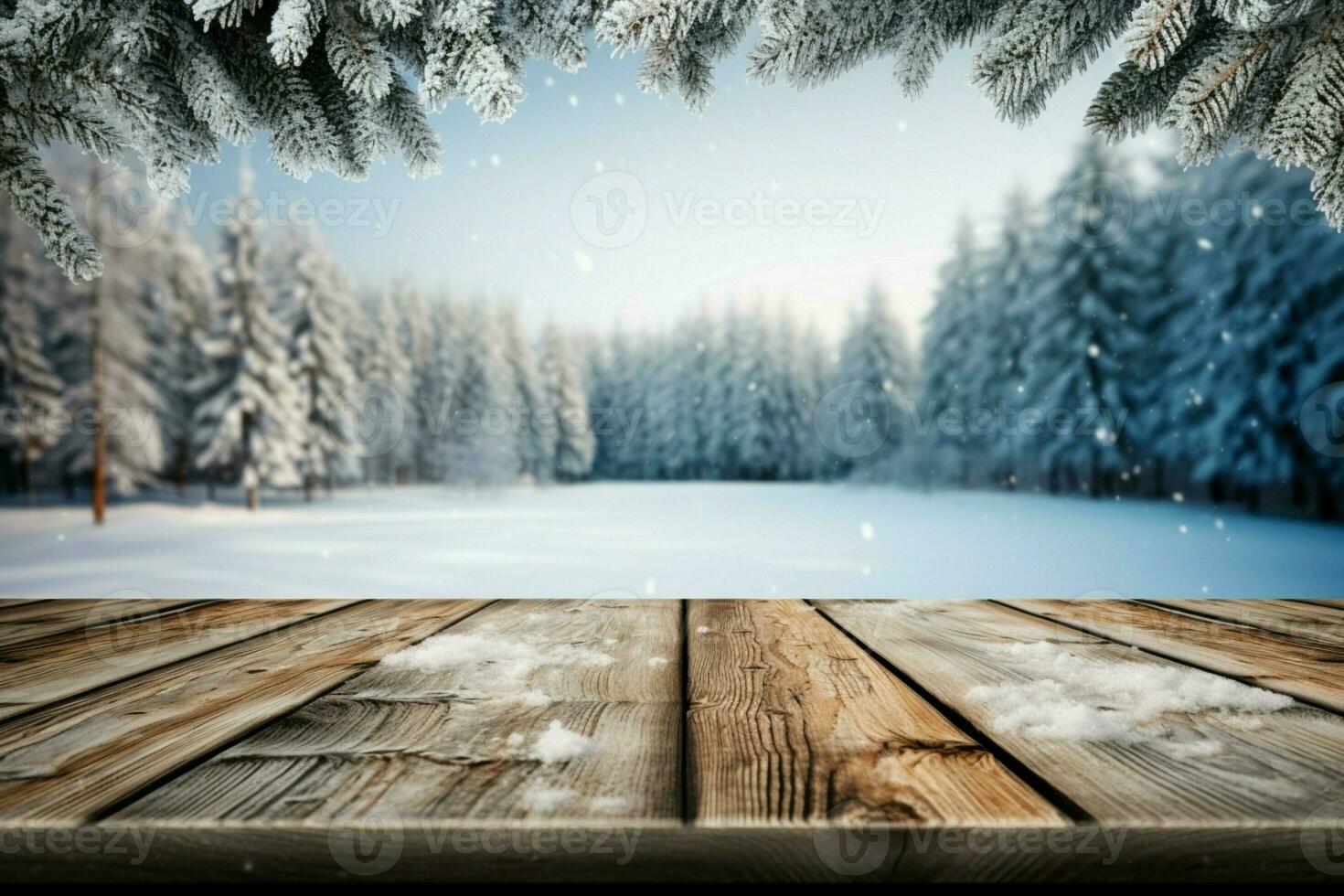 ai generiert leeren Winter Holz Planke Tafel Tabelle mit Schneefall ai generiert foto