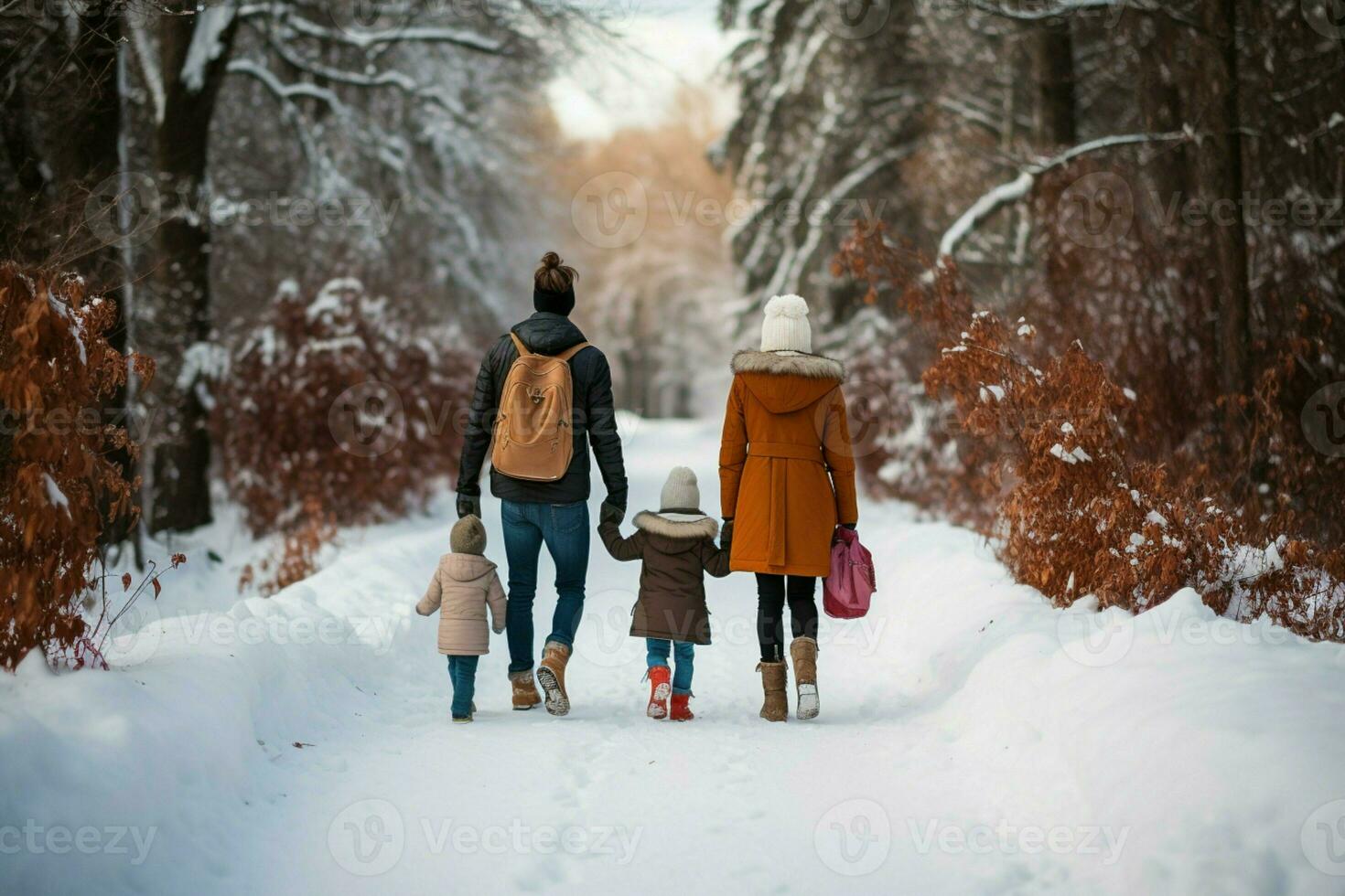 ai generiert Rückseite Aussicht von Familie im Winter Ferien schneebedeckt ai generiert foto