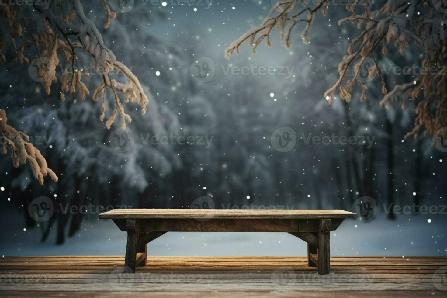 ai generiert leeren Winter Holz Planke Tafel Tabelle mit Schneefall ai generiert foto