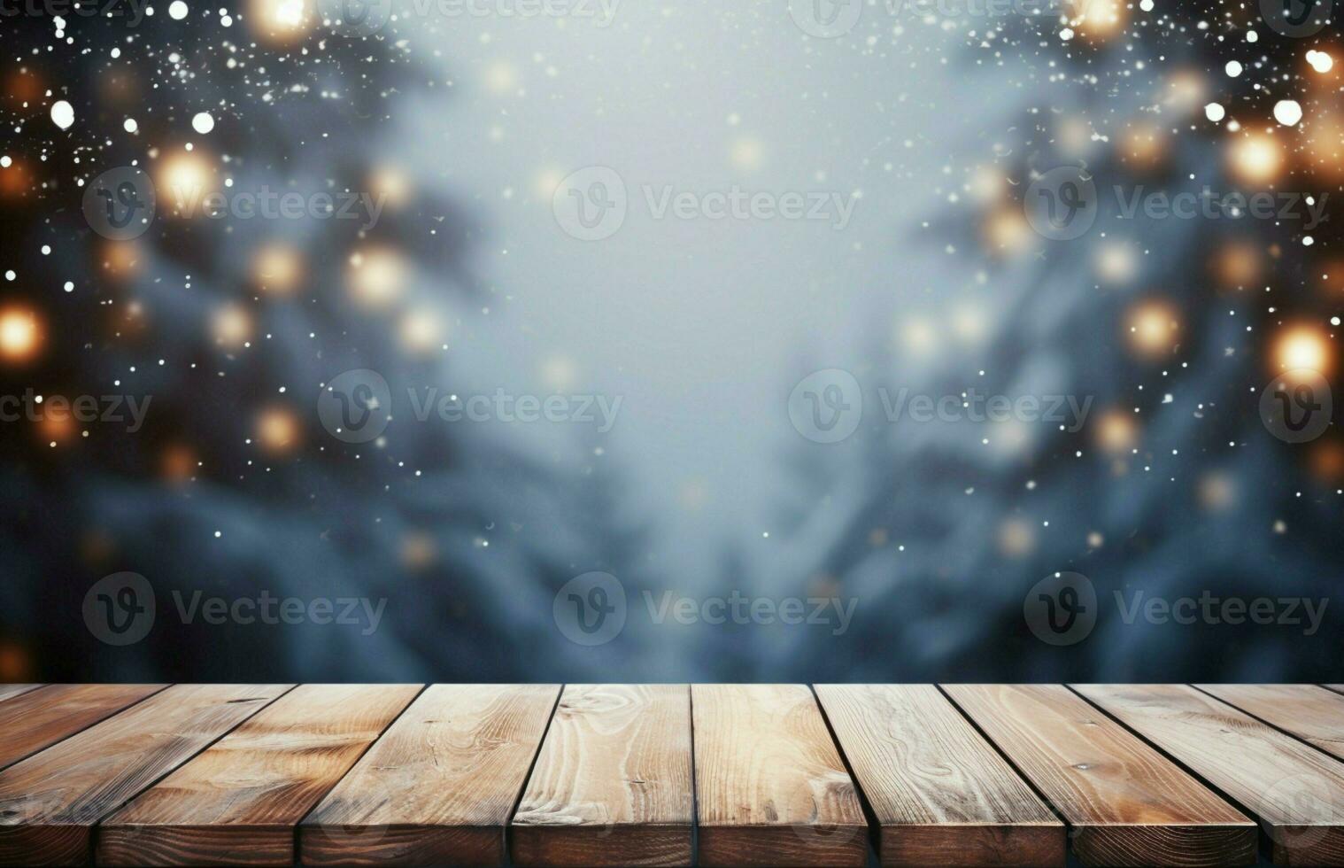 ai generiert leeren Winter Holz Planke Tafel Tabelle mit Schneefall ai generiert foto