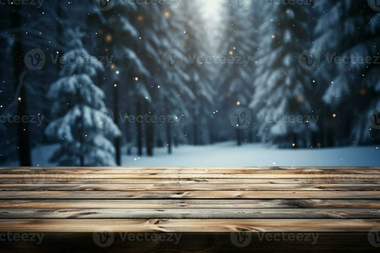 ai generiert leeren Winter Holz Planke Tafel Tabelle mit Schneefall ai generiert foto