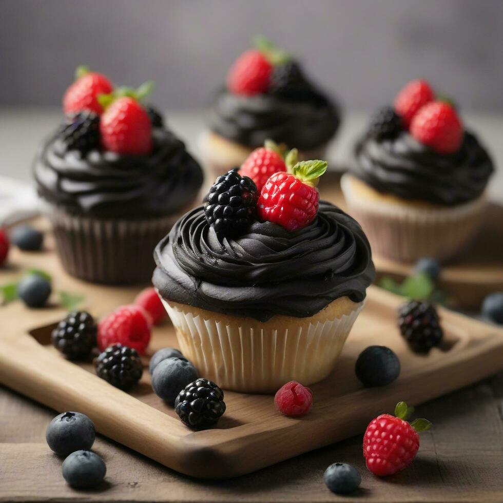 ai generiert Cupcakes mit schwarz Glasur und Beeren auf oben foto