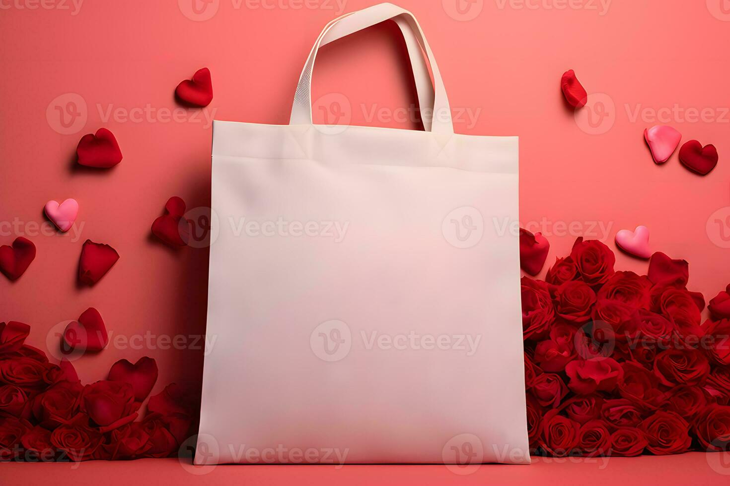 ai generiert Valentinstag Tasche Tasche Produkt Attrappe, Lehrmodell, Simulation, Valentinstag Tag Weiß Tasche Tasche Attrappe, Lehrmodell, Simulation foto