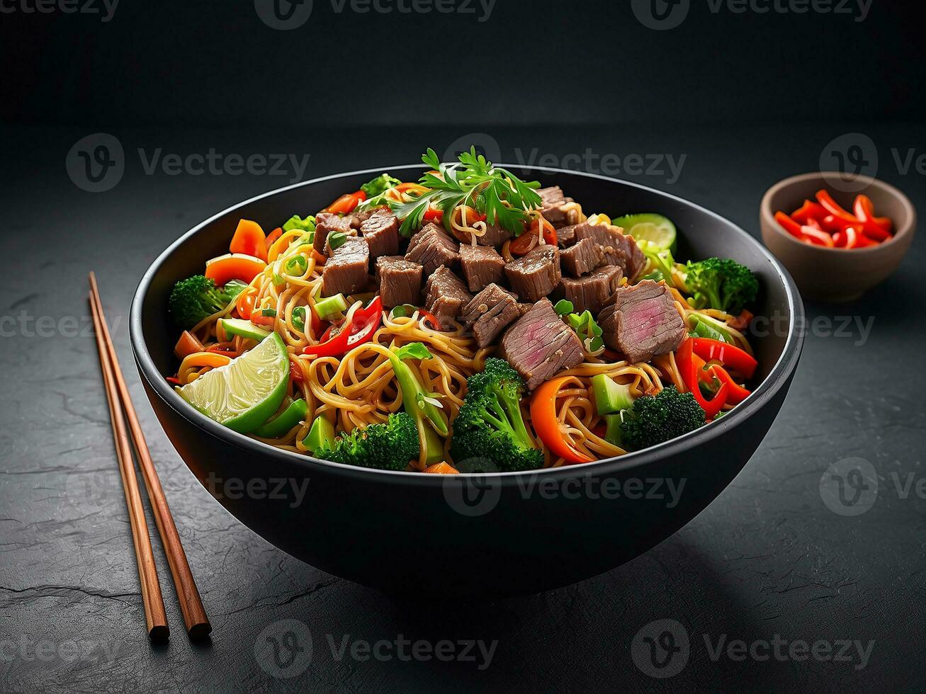 ai generiert würzig asiatisch Nudeln mit Rindfleisch und Gemüse foto